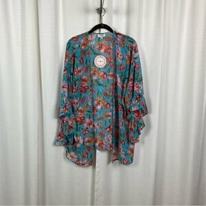 Umgee Blue&Coral Chiffon Kimono Jacket Sz.S NWT